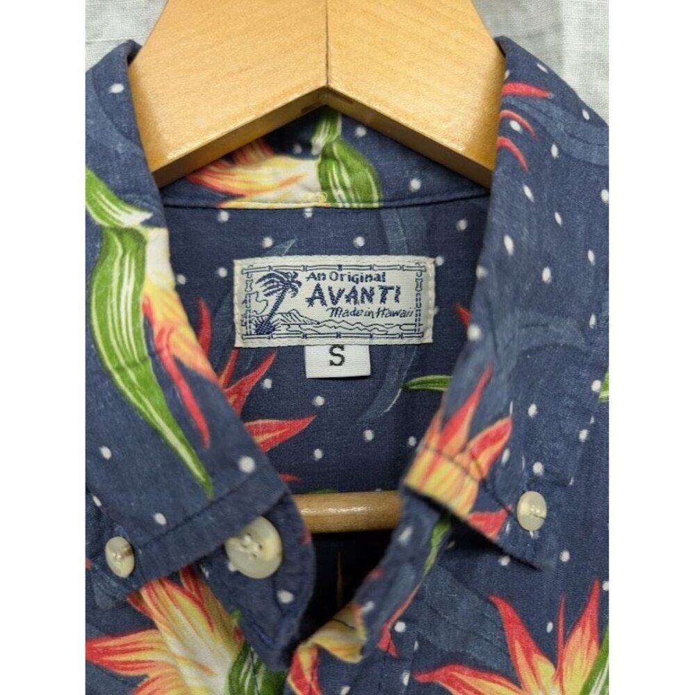 Original Avanti sz small bird of paradise navy blue polka dot Hawaiian shirt O9 - Picture 2 of 7